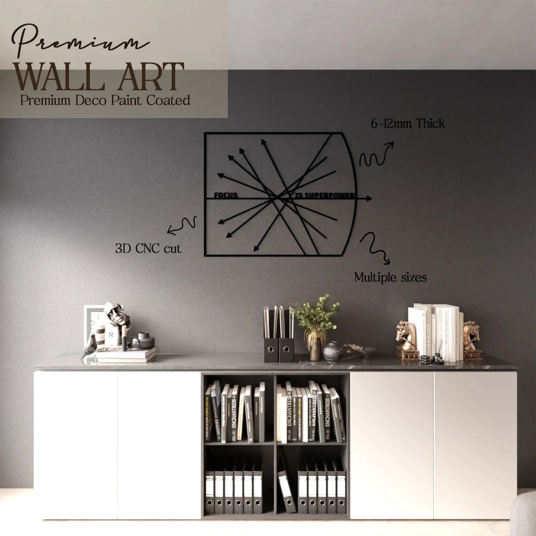 Wooden wall art with minimalist 'Focus' typography – handcrafted office decor by Metafurn