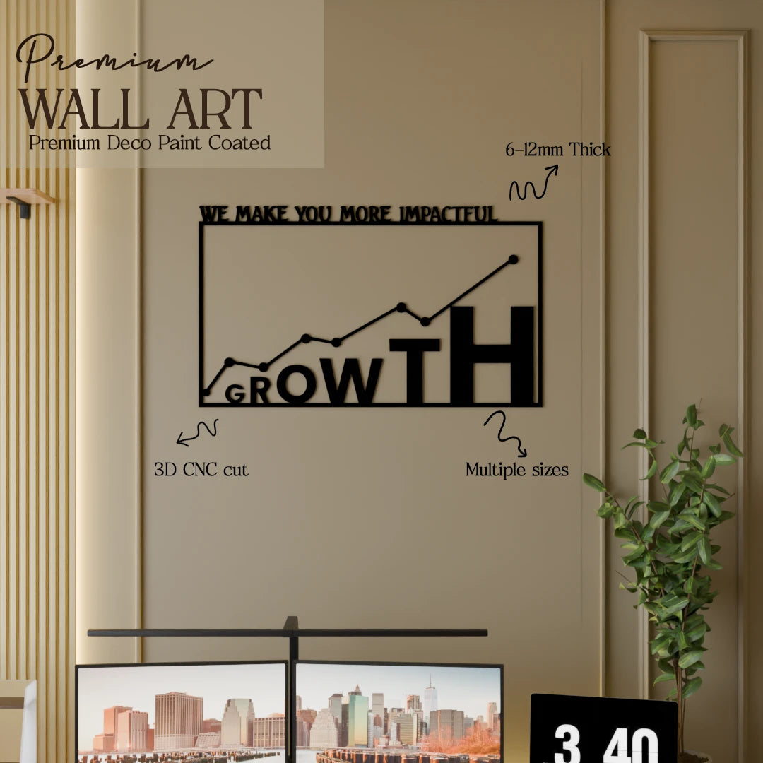 Wooden wall art with bold 'Growth' lettering – handcrafted office decor piece by Metafurn
