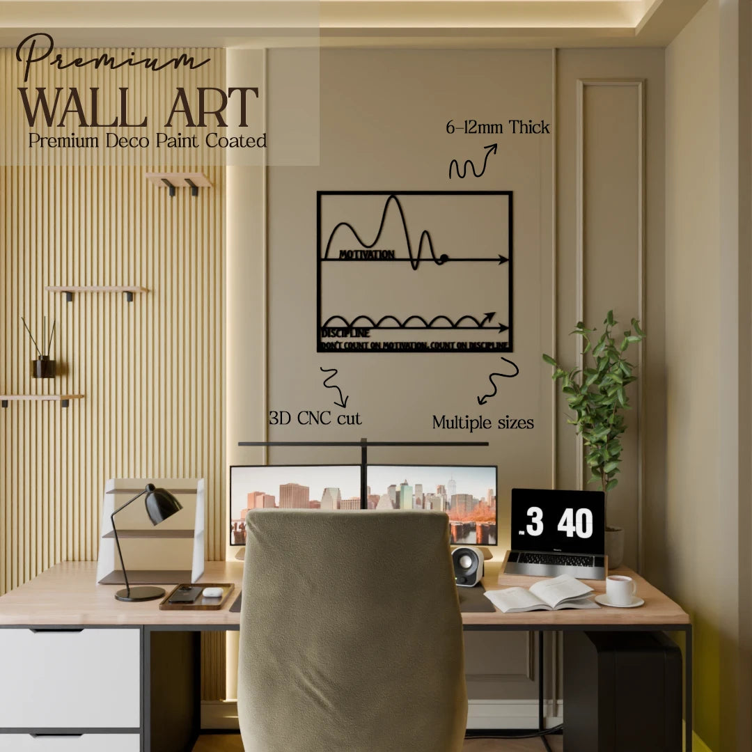 Wooden office wall decor with a bold theme– Motivation vs Discipline handcrafted wall art from Metafurn