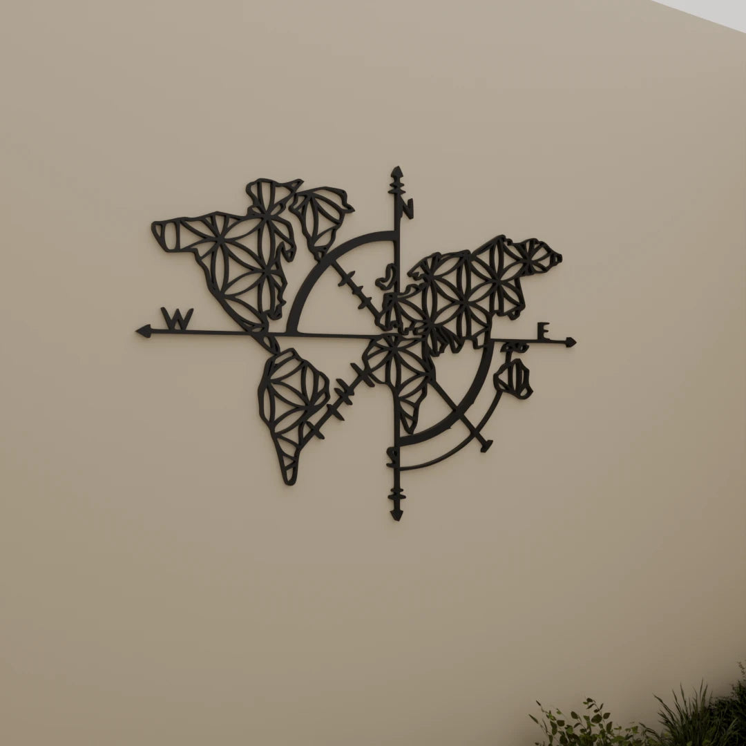Modern wooden wall decor with a world map compass design