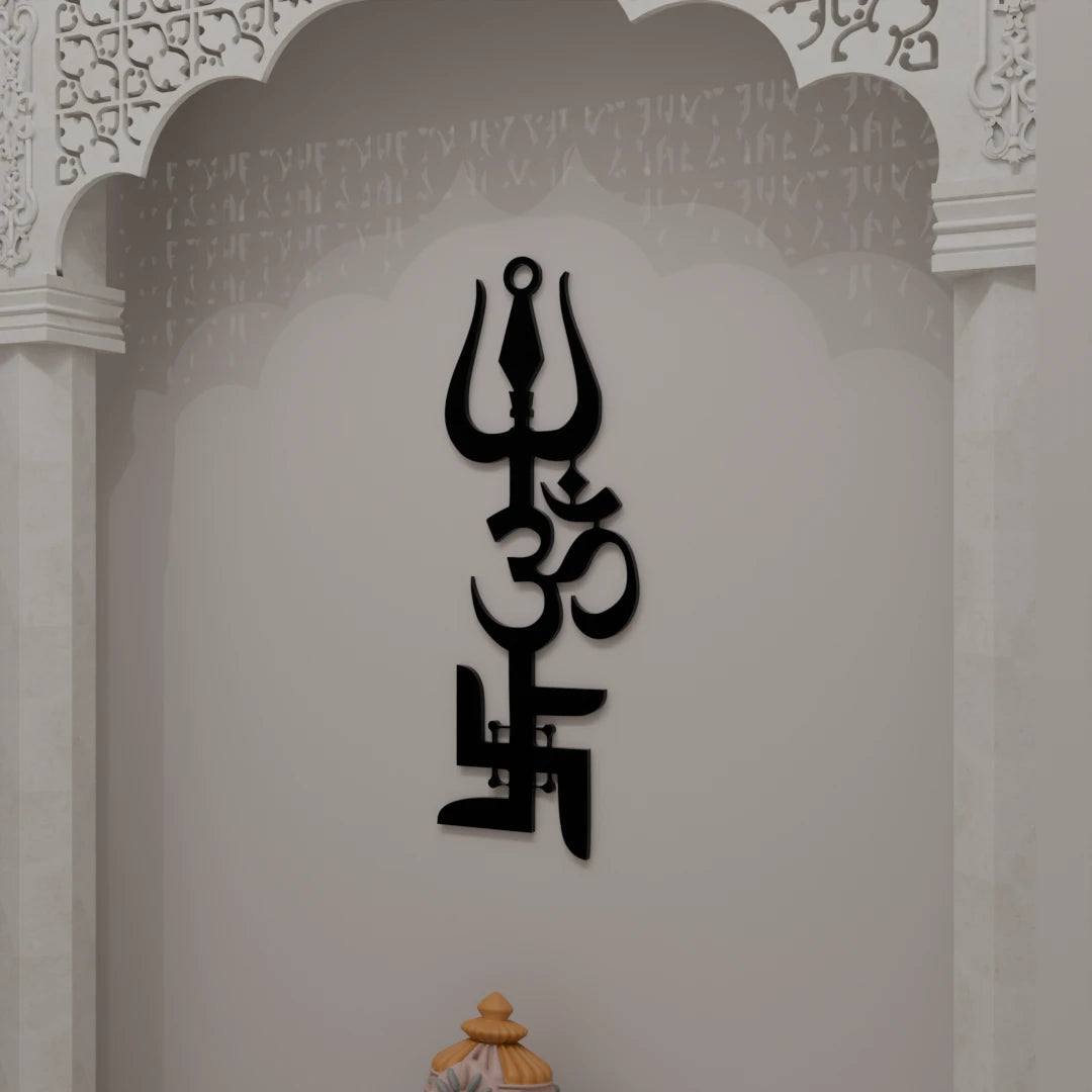 Metafurn Swastik Trishul Om Beautiful Wooden Wall Art For Devotion
