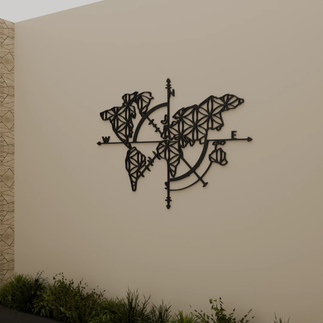 Decorative wood wall art featuring a compass and map