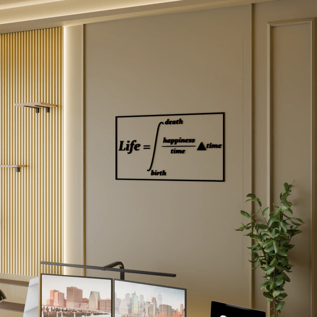 Office wall decor with thought-provoking Life Formula text – premium wooden wall art by Metafurn