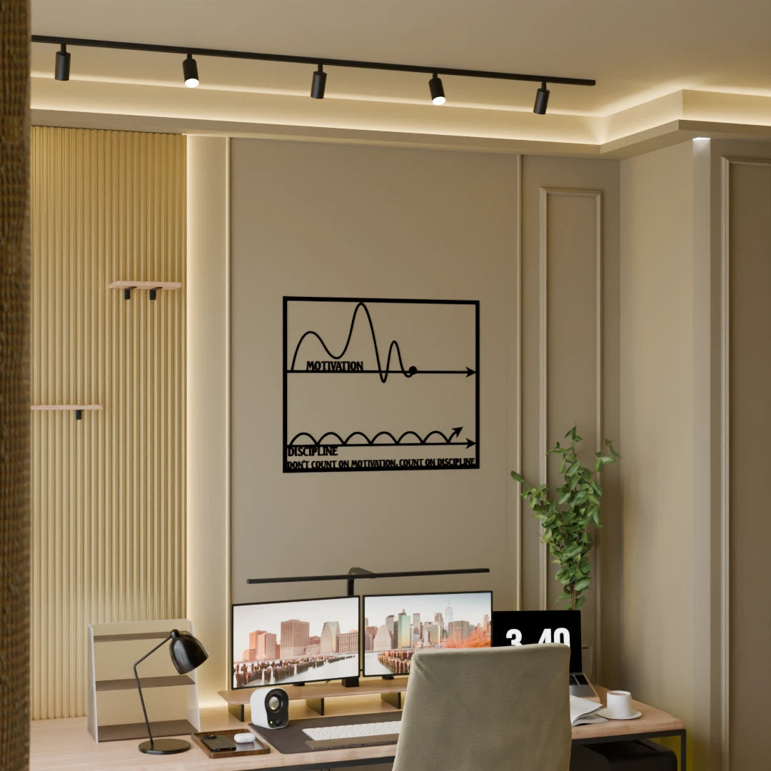 Office wall art with mindset-focused theme – premium wooden Motivation vs Discipline office wall deocor from Metafurn