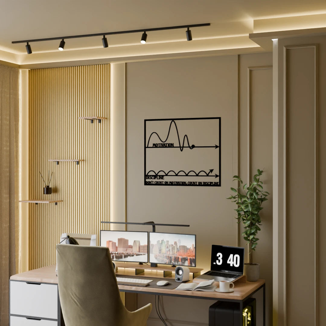 Motivational wooden decor for office spaces – Metafurn’s Motivation vs Discipline wall art piece