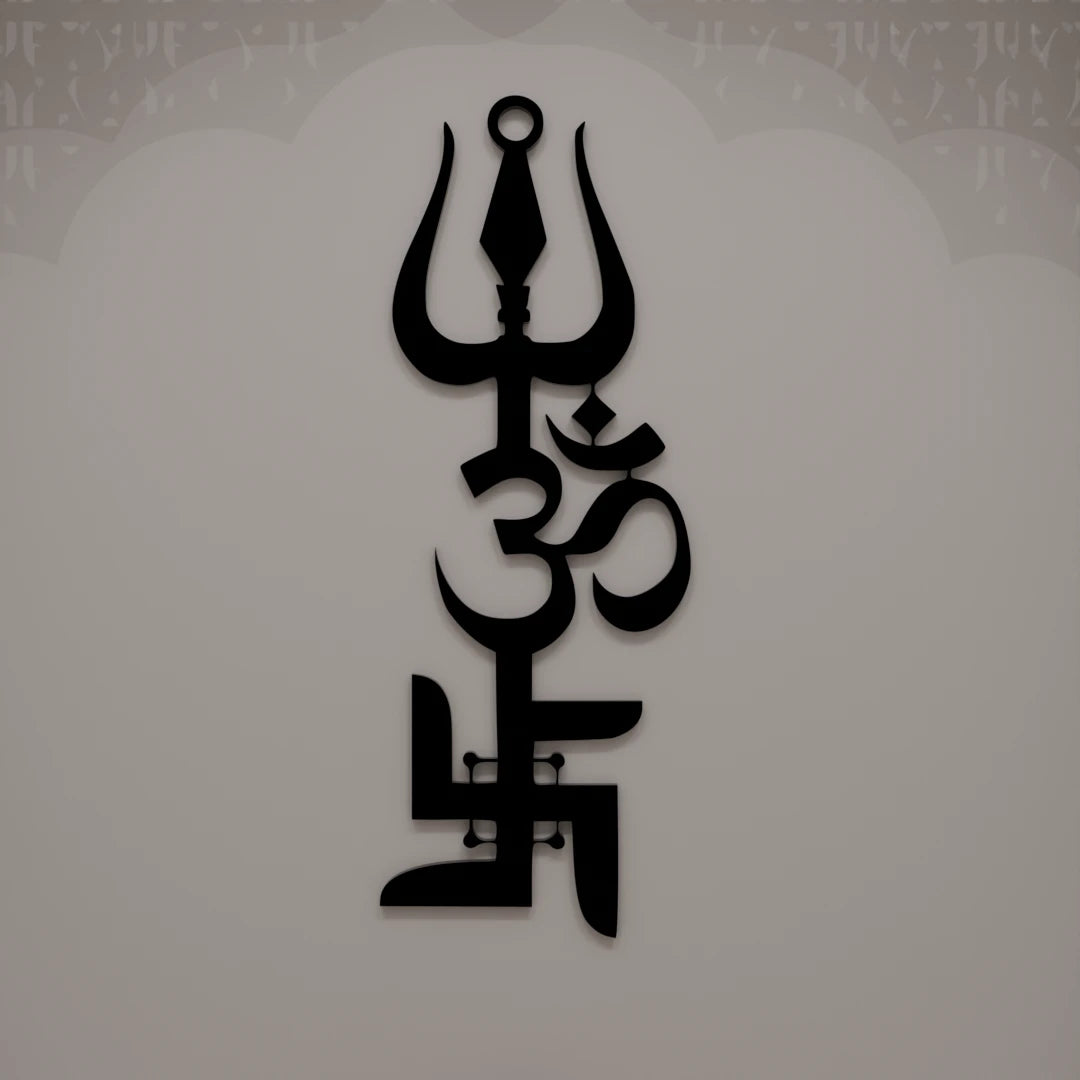 Metafurn Swastik Trishul Om Large Wooden Wall Art Symbolizing Faith