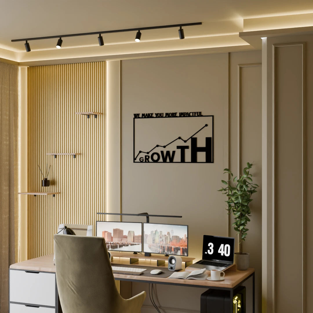 Office wall art with inspiring Growth message – handcrafted in natural wood by Metafurn