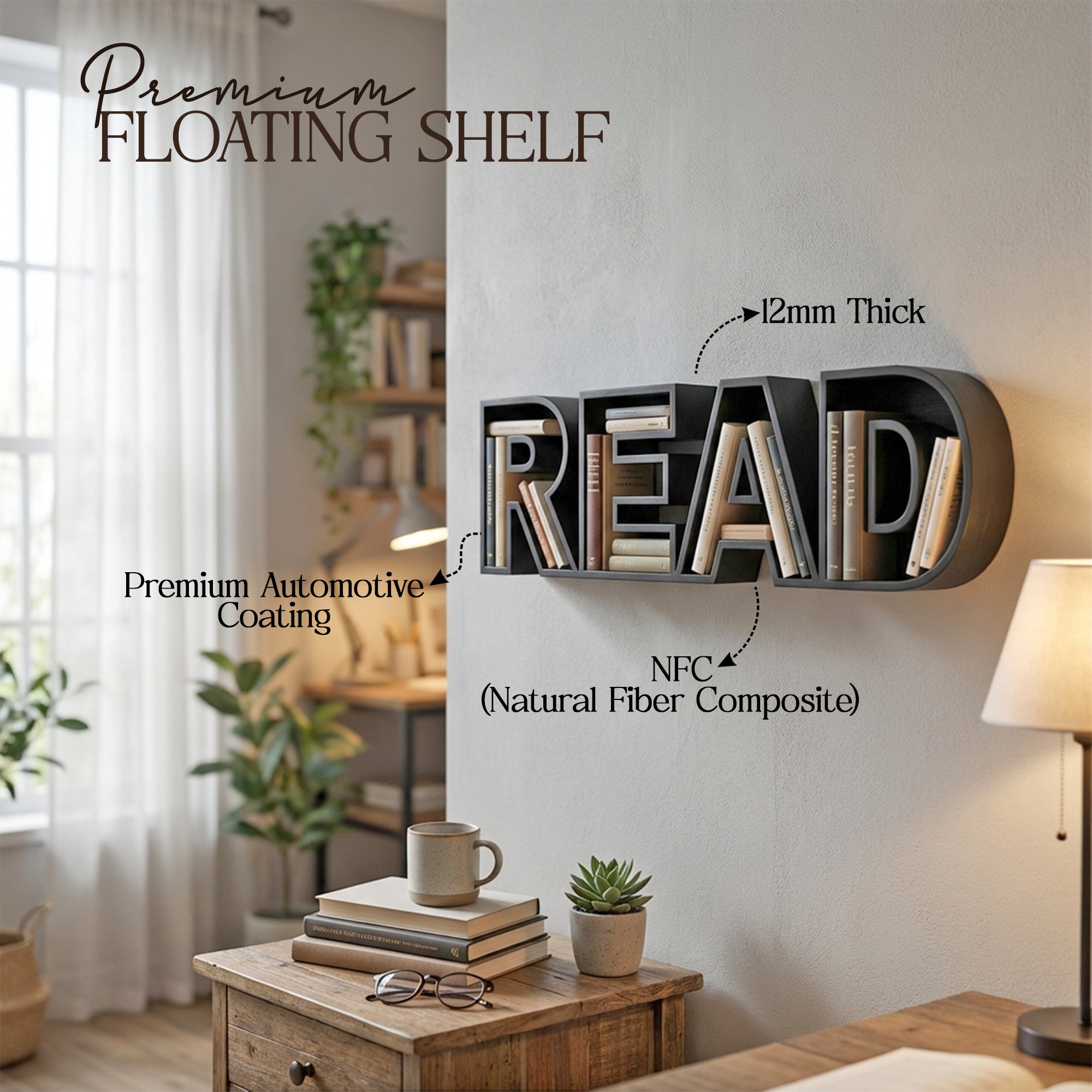 Metafurn Read Hollow Study Room Shelf – NFC & HDHMR Floating Shelf for Study Room Wall Decor
