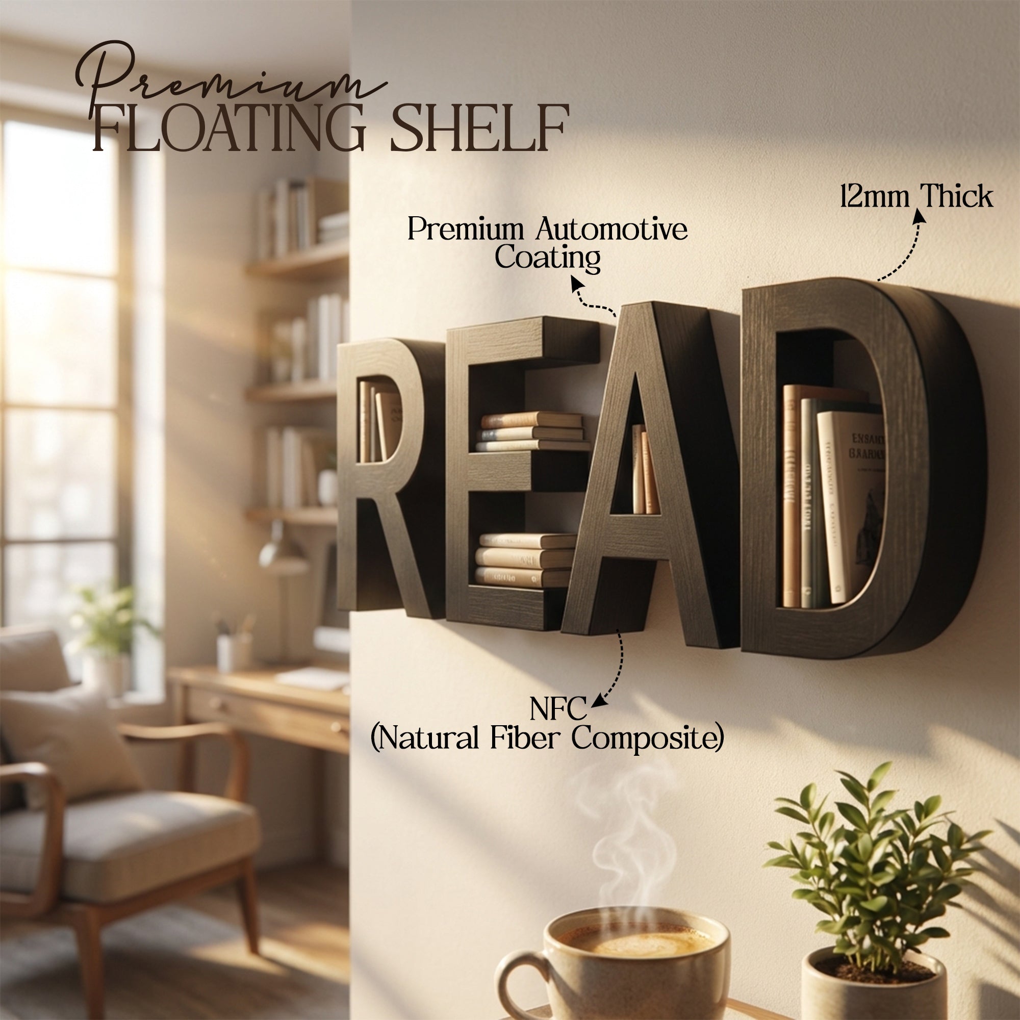 Metafurn Read Study Room Floating Shelf – NFC & HDHMR Wall Shelf for Book Display
