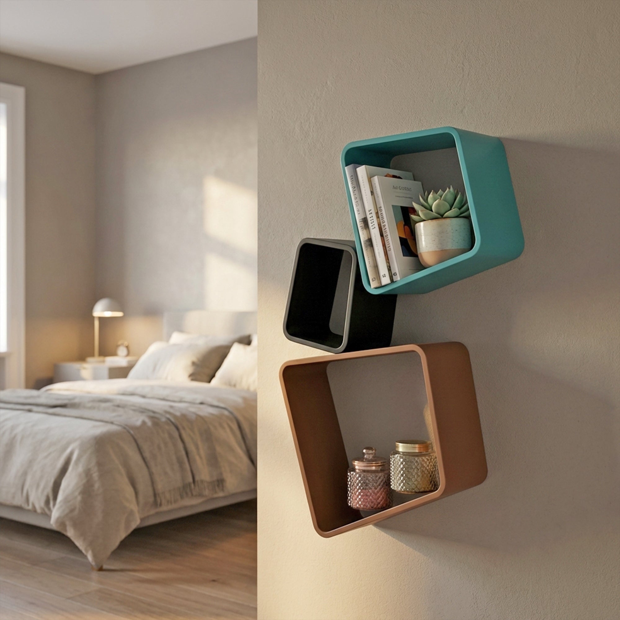 Metafurn Offset Geometric Wall Mounted Shelf – Premium Automotive Coated Floating Storage Shelf