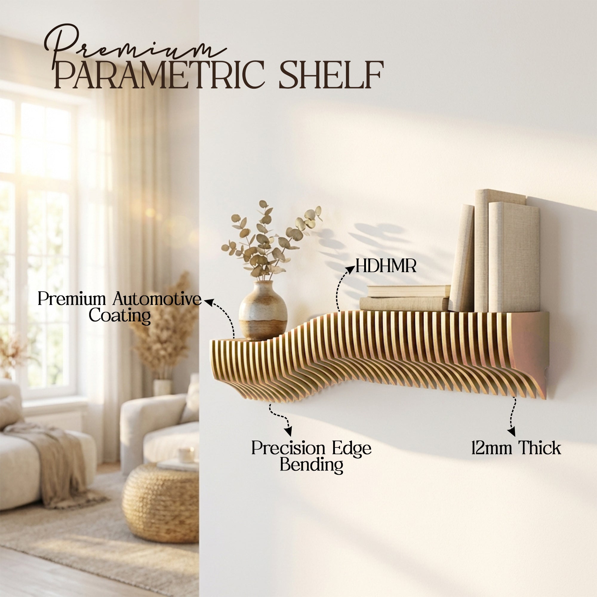Metafurn Parametric Contoured Slatted Wall Shelf – HDHMR Designer Floating Shelf for Modern Wall Decor
