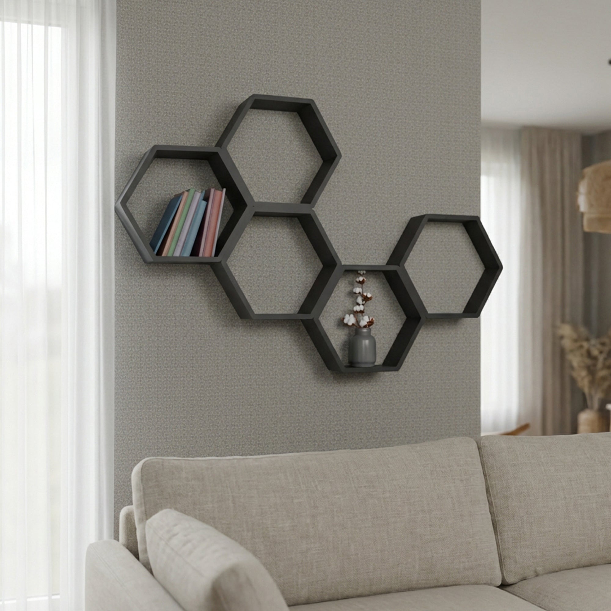 Metafurn HexaFloat Hexagonal Wall Shelf – NFC Floating Shelf for Living Room, Kitchen, and Bathroom