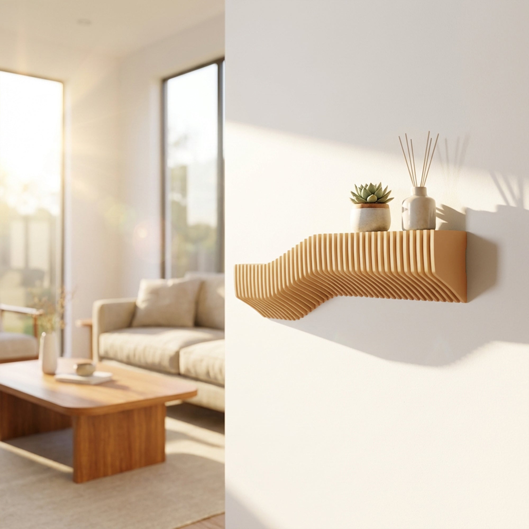 Metafurn Parametric Slatted Wall Shelf – 12mm HDHMR Shelf with Laminate Finish for Living Room Decor