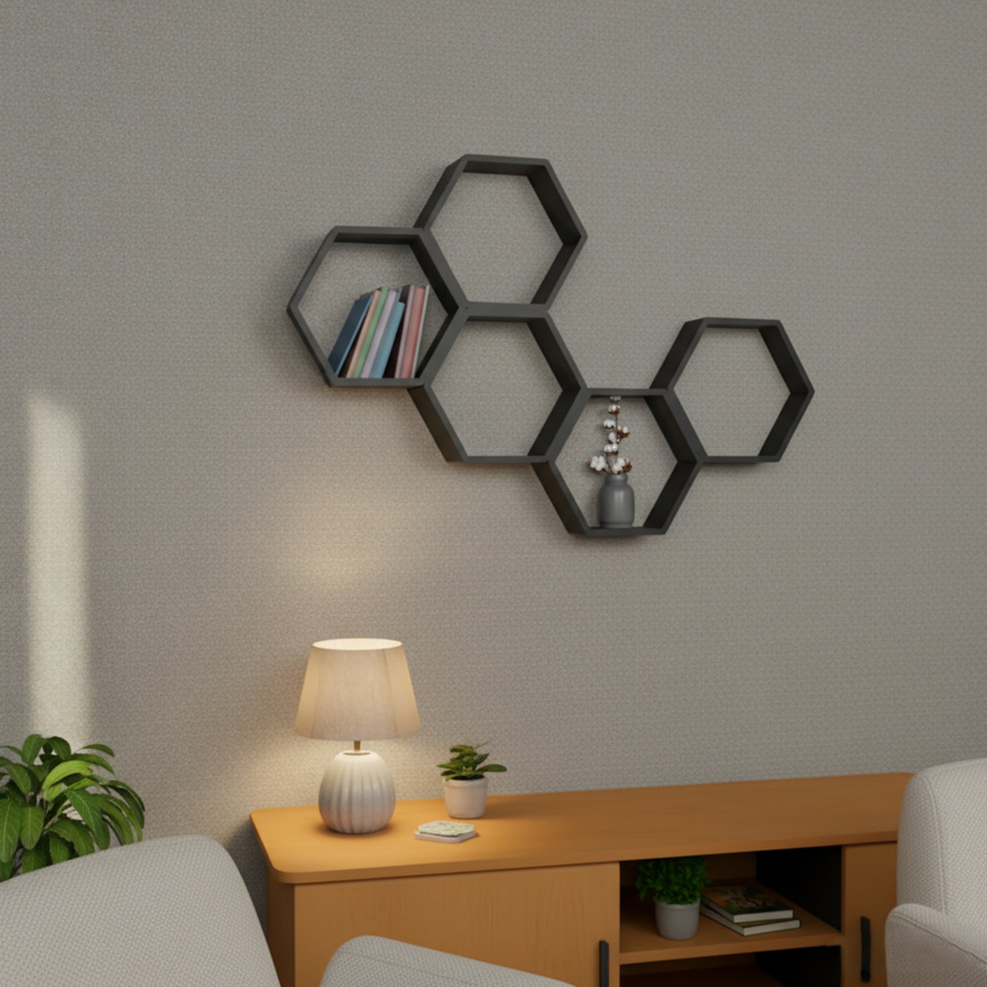 Metafurn HexaFloat Wall Shelf – Minimal Hexagonal NFC Wall Mounted Shelf for Modern Interiors
