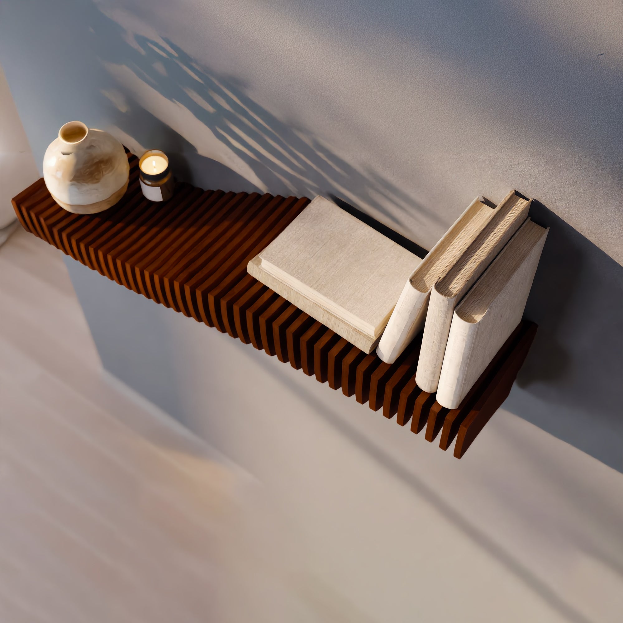 Metafurn Parametric Contoured Slatted Wall Shelf – HDHMR Designer Floating Shelf for Modern Wall Decor